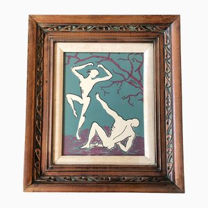 Modernist Abstract Male & Female Nude Figures, 1960s, Block Print, Framed