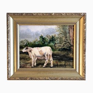 Mucca con paesaggio, anni '80, Dipinto su tela, con cornice