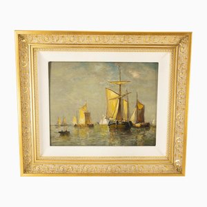 Paul Jean Clays, Barcos holandeses, década de 1800, pintura al óleo sobre panel de madera, enmarcado