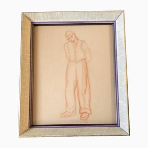 Art Deco Figure, 1940s, Charcoal Drawing, Framed