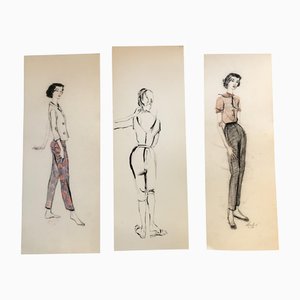 Illustrations de Mode, 1950s, Technique Mixte sur Papier, Set de 3