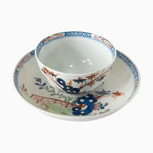 English Lowestoft Redgrave Blue Bomb Pattern Teacup and Saucer, Set of 2