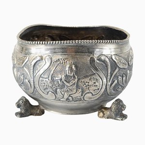 Tibetan Silver Buddhist and Lotus Flower Bowl