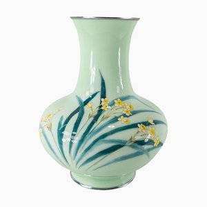 Mid 20th Century Japanese Mint Celadon Green Cloisonne Vase by Tamura III