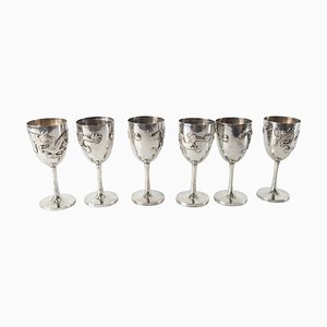 Chinese Chinoiserie Sterling Silver Codial Cups, Set of 6