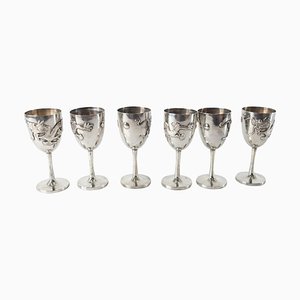 Tasses Codial Chinoiserie en Argent Massif, Set de 6