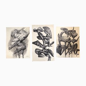 Abstract Compositions, 1983, Fusain sur Papier, Set de 3