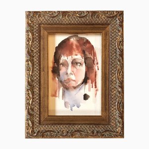 Small Portrait, 1970s, Watercolor on Paper, Framed