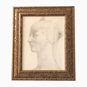 Portrait Sculpture Classique, 1930s, Fusain sur Papier, Encadré