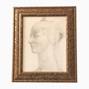Retrato de escultura clásica, años 30, carboncillo sobre papel, enmarcado