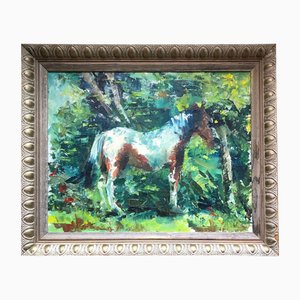 Horse in Woodlands, anni '70, Dipinto su tela, Con cornice