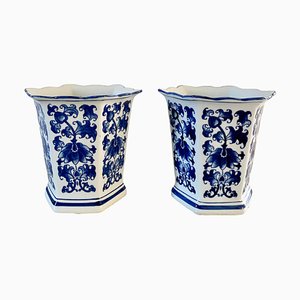 Vases Hexagonaux en Porcelaine Bleue et Blanche, Set de 2