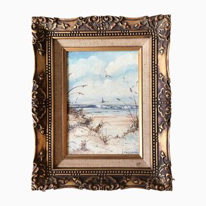 Pequeño paisaje marino con gaviotas, años 60, pintura sobre lienzo, enmarcado