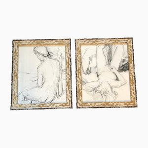 Abstract Female Nude Studies, 1970s, Charcoal on Paper, Framed, Set of 2