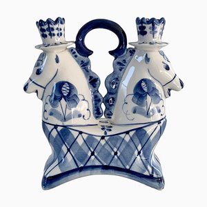 Bougeoir Double Cheval en Porcelaine Bleue et Blanche, Russie