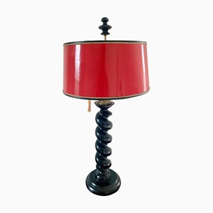 Ebonized Oak Barley Twist Table Lamp with Red Lacquered Shade