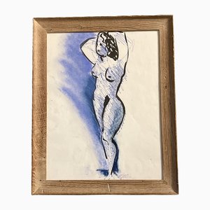 Desnudo femenino, años 70, pintura sobre papel, enmarcado