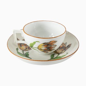 Taza de té y platillo de época Meissen Marcolini alemana con tulipanes. Juego de 2