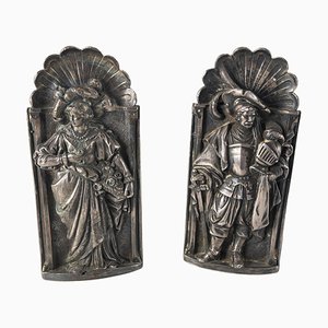 English Sheffield Silverplate Elizabethan Embossed Figurative Bookends, Set of 2
