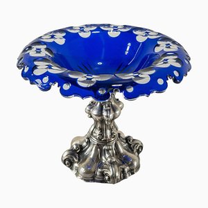 19th Century Blue to Clear Cut Glass Compote with Continental Silver Base