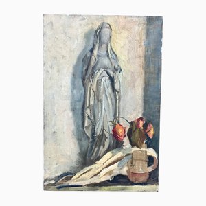 Natura morta modernista con statua della Madonna e fiori, anni '50, dipinto su tela