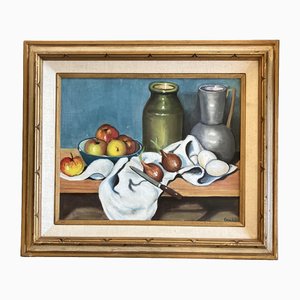 Bodegón con frutas y macetas, años 70, pintura sobre lienzo, enmarcado