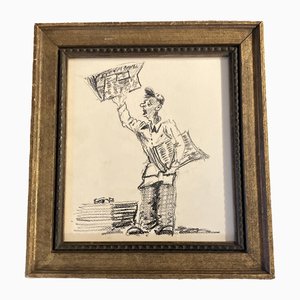 Paperboy, 1950s, Charcoal Drawing, Framed