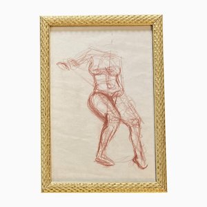Abstract Female Nude Study, 1950s, Sepia Drawing, Framed