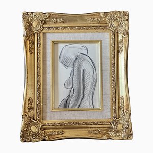 Art Deco Female Nude, Charcoal Drawing, 20th Century, Framed