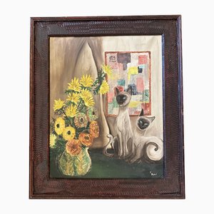 Still Life with Siamese Cats, 1960s, Painting on Canvas, Framed