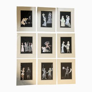 Pochoir Prints, 1950s, Paper, Framed, Set of 9