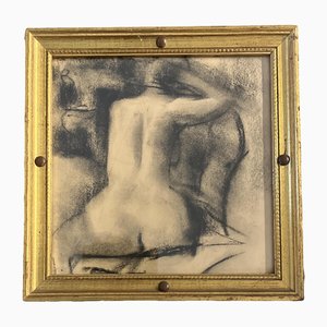 Female Nude Study, 1950s, Charcoal Drawing, Framed