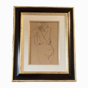 Estudio con desnudo de mujer, años 50, carboncillo sobre papel, enmarcado