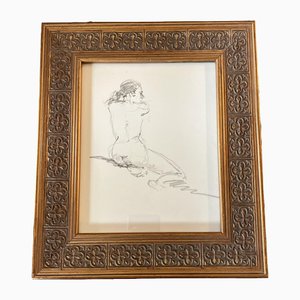 Female Nude, 1970s, Charcoal Drawing, Framed
