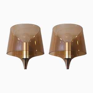 Vintage French Wall Sconces in Brass and Smoked Acrylic Glass, Set of 2
