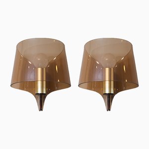 Vintage French Wall Sconces in Brass and Smoked Plexiglas, Set of 2