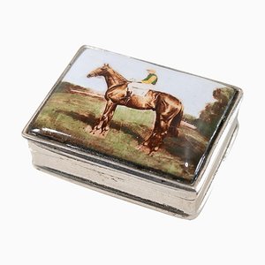 Sterling Silver and Porcelain Pill Box with Racehorse