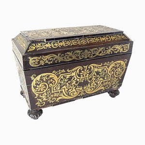 Antique English Regency Rosewood and Brass Boulle Tea Caddy Box