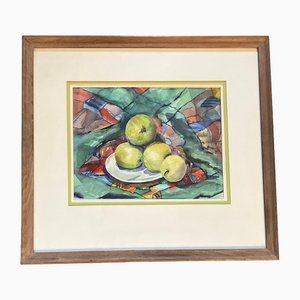 Bodegón de mesa con manzanas y textiles, años 80, Acuarela sobre papel, enmarcado