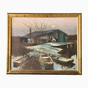 Marshy Boathouse, 1970s, Painting on Canvas, Framed