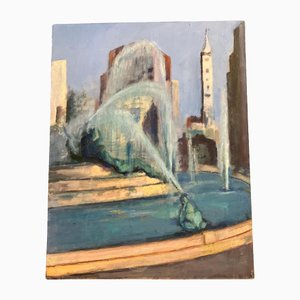 Stadtansicht mit Brunnen, 1980er, Gemälde auf Leinwand