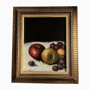 Bodegón con fruta sobre tela, años 70, pintura sobre lienzo, enmarcado