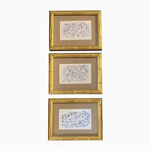 Wayne Cunningham, Small Blue Abstract Compositions, 1980s, Ink Drawings, Framed, Set of 3