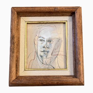 Male Portrait, 1970s, Paint and Textile on Paper, Framed