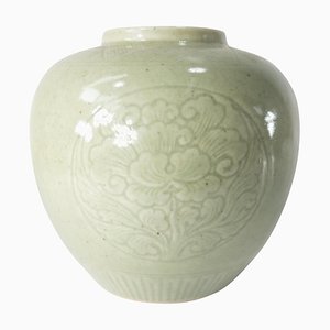 20th Century Chinoiserie Chinese Celadon Green Ginger Jar with Peonies