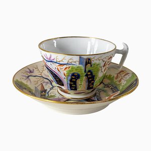 Antike englische Teetasse und Untertasse im Staffordshire Chinoiserie-Stil, 2er Set