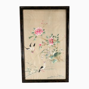 Antike chinesische Chinoiserie Bestickte Seidentextilplatte