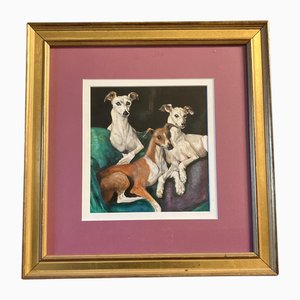 Whippet Dogs Portrait, anni '80, acquerello, con cornice