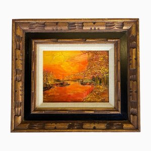 Sunset Seascape with Sailboat, 1960s, Painting, Framed