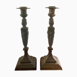 Bronze Kerzenständer im neoklassizistischen Stil mit Löwenköpfen, 2er Set